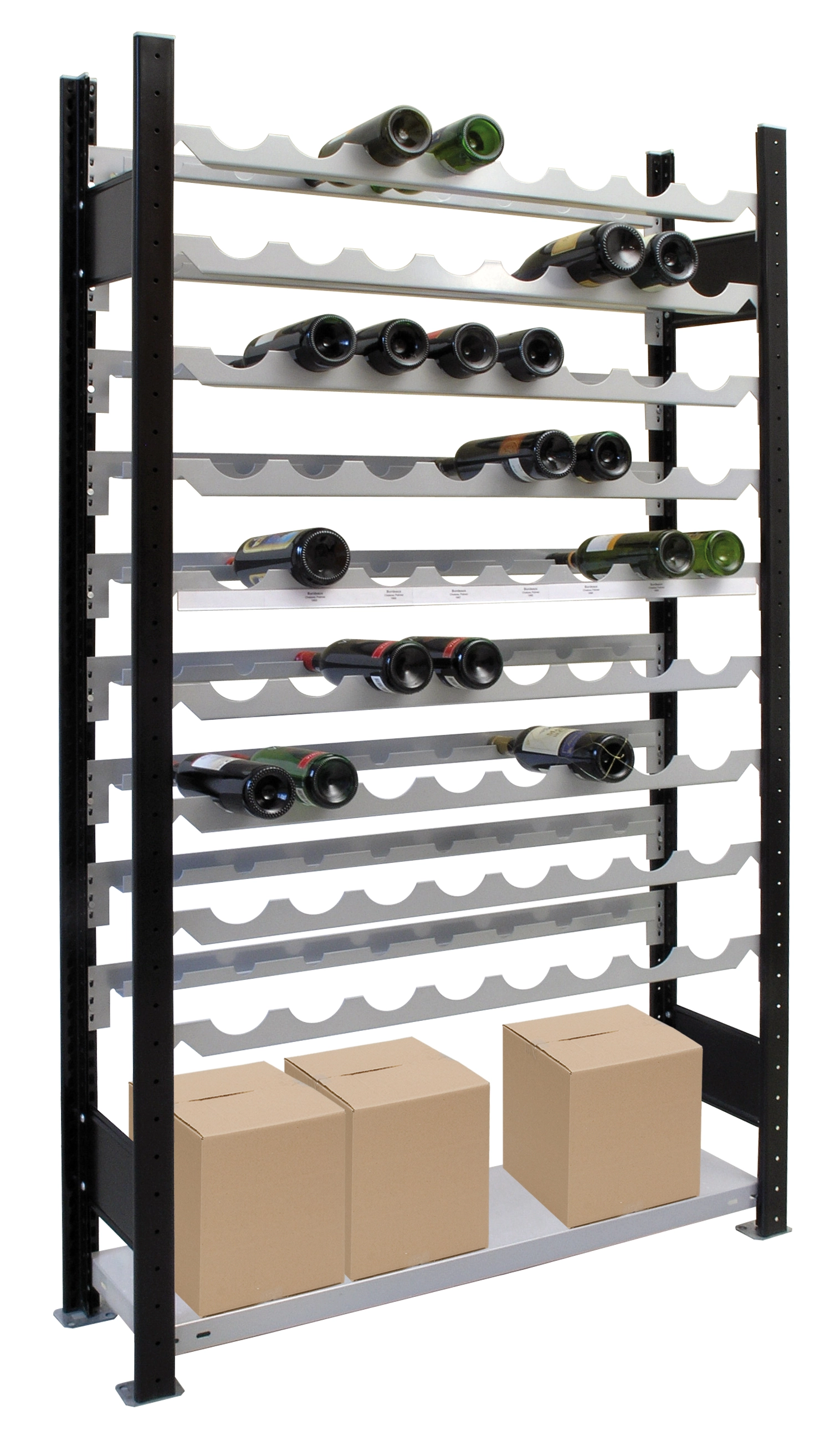 Weinregal für bis zu 96 Flaschen, 230x100x25 cm (HxBxT), Traglast pro Ebene 85 Kg, schwarz-silber