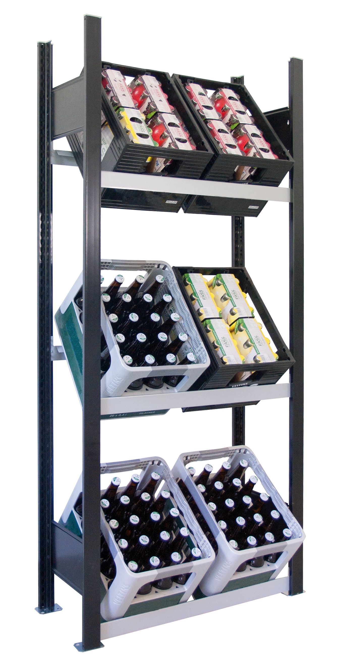 Getränkekistenregal für bis zu 6 Kisten, 180x81x30 cm (HxBxT), Traglast pro Ebene 60 Kg, schwarz-silber