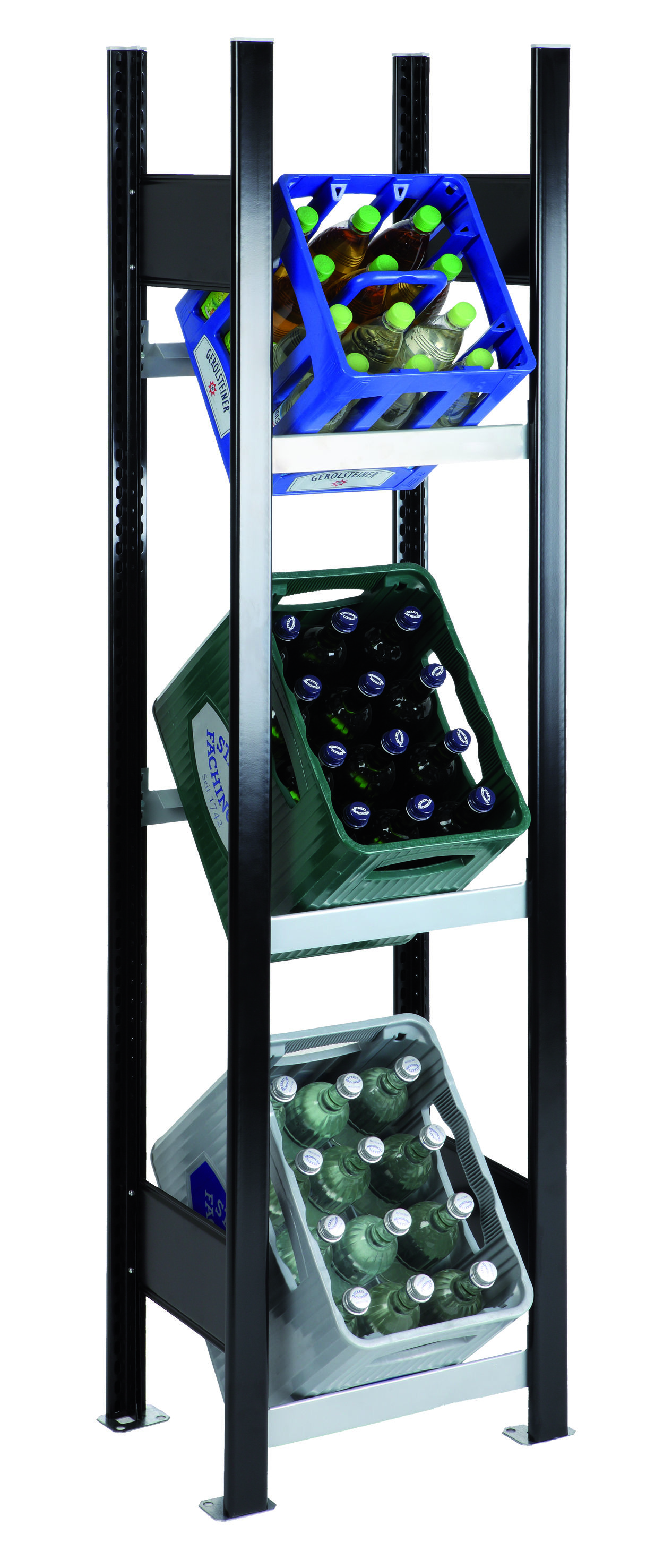 Getränkekistenregal für bis zu 3 Kisten, 180x46x30 cm (HxBxT), Traglast pro Ebene 60 Kg, schwarz-silber