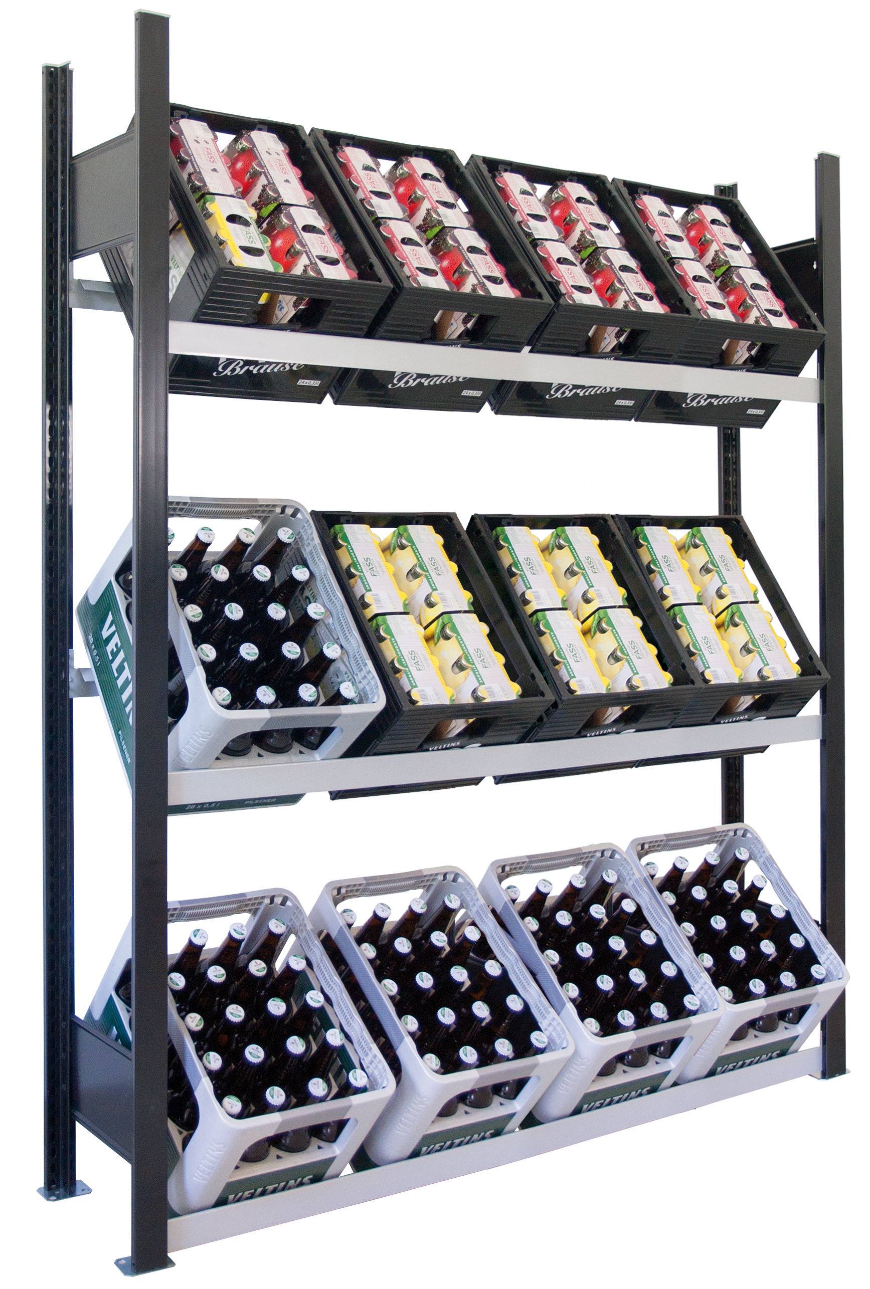 Getränkekistenregal für bis zu 12 Kisten, 180x130x30 cm (HxBxT), Traglast pro Ebene 60 Kg, schwarz-silber