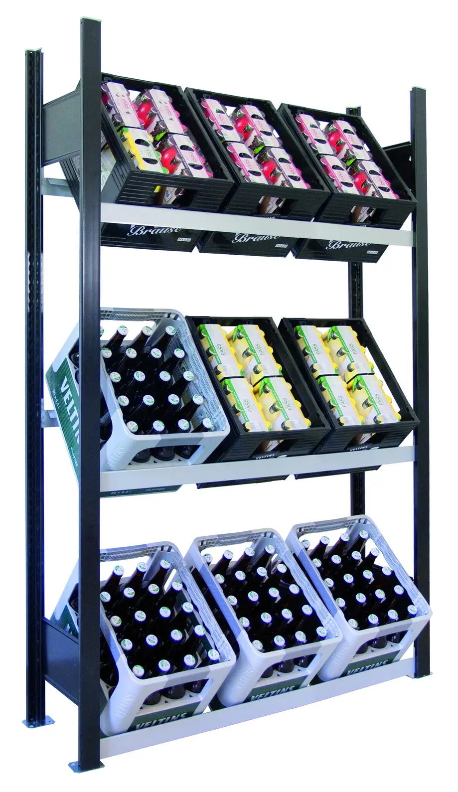 Getränkekistenregal für bis zu 9 Kisten, 180x100x30 cm (HxBxT), Traglast pro Ebene 60 Kg, schwarz-silber
